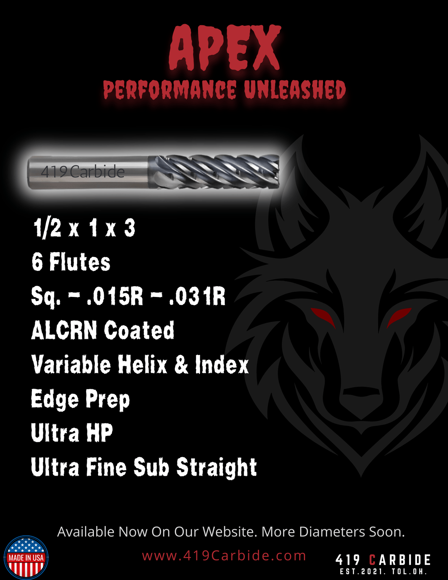 APEX6 END MILL 1/2 x 1 x 3, .030 RAD, 6 FLUTE, PROMO PRICE - 419 Carbide